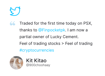 Kit Kitao review shows how to traded for the first time on PSX and become a partial owner of Lucky Cement through FinPocket app.